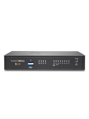 SonicWall TZ 270 voorkant. Deze Sonicwall TZ270 firewall is zeer schaalbaar met een hoge poortdichtheid van 8x 1 Gbe poorten. En is ontworpen voor thuisgebruik of kleine organisaties van ongeveer 25 gebruikers.
